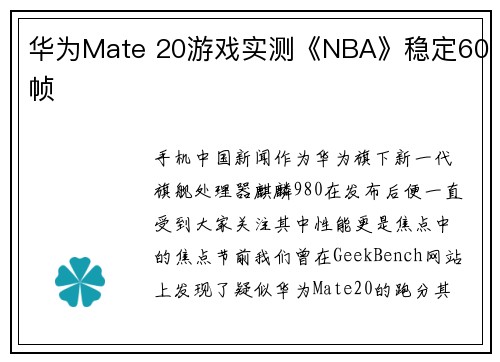 华为Mate 20游戏实测《NBA》稳定60帧