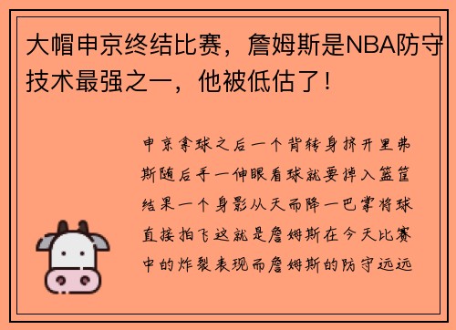大帽申京终结比赛，詹姆斯是NBA防守技术最强之一，他被低估了！