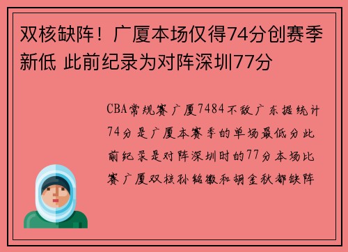 双核缺阵！广厦本场仅得74分创赛季新低 此前纪录为对阵深圳77分